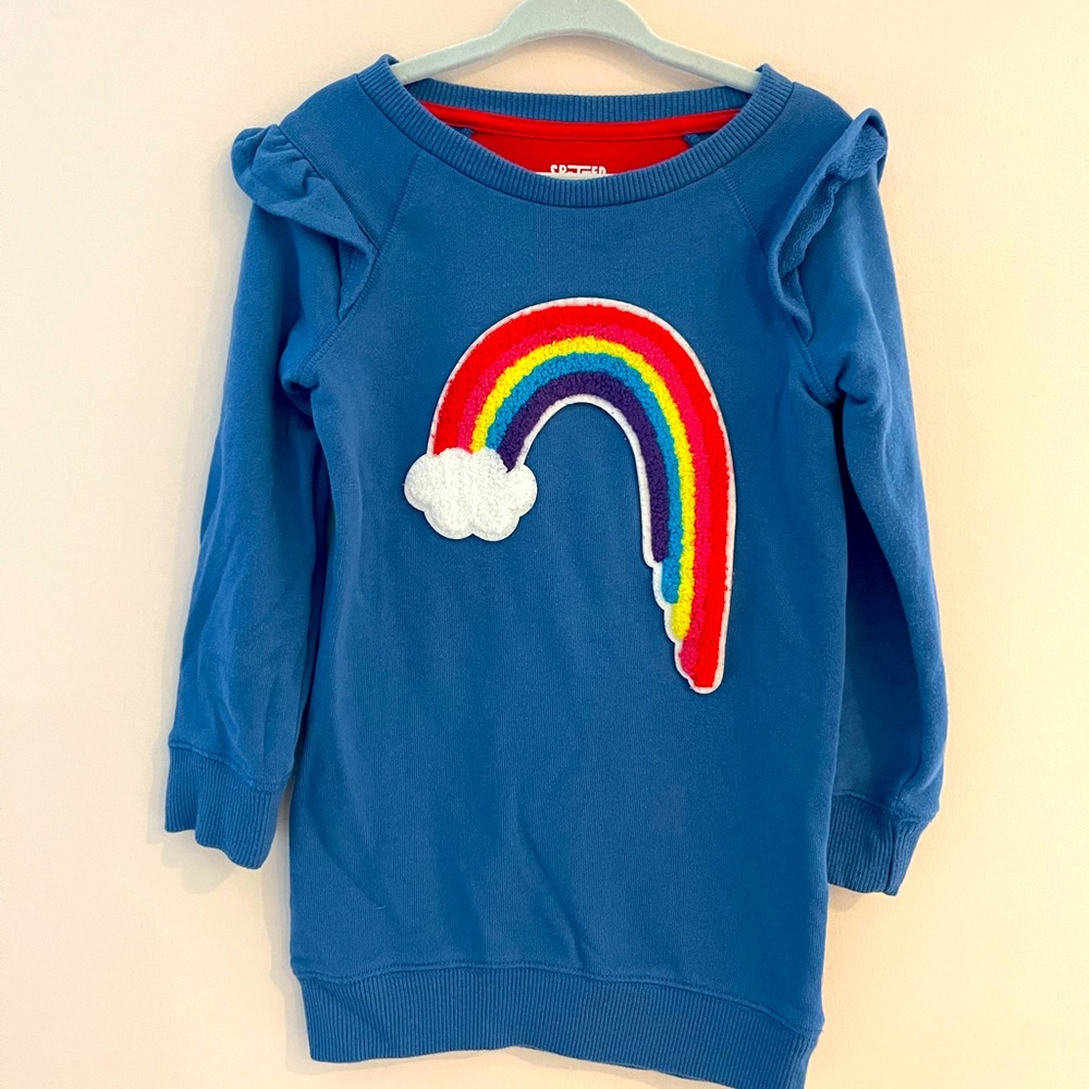 Blue Sweatshirt Dress with Rainbow Design